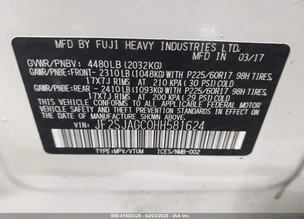 2017 SUBARU FORESTER 2.5I PREMIUM VIN: JF2SJAGC0HH581624