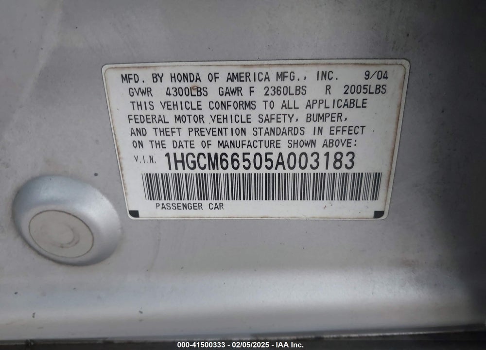 2005 HONDA ACCORD 3.0 EX VIN: 1HGCM66505A003183