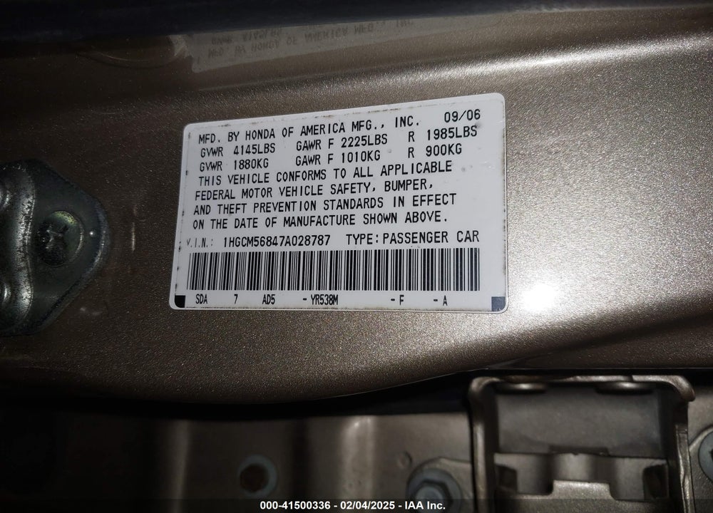 2007 HONDA ACCORD VIN: 1HGCM56847A028787