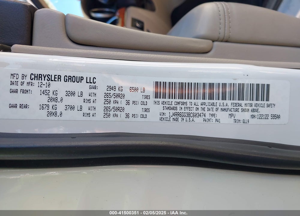 2011 JEEP GRAND CHEROKEE VIN: 1J4RR6GG3BC603474