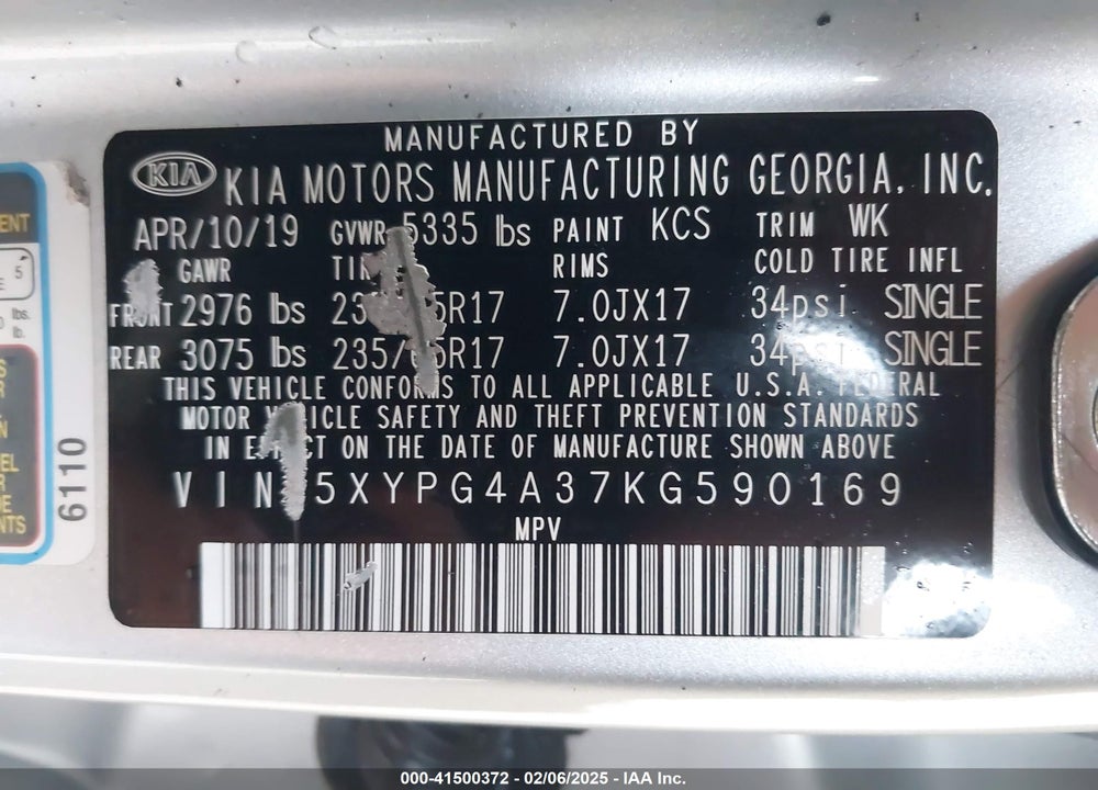 2019 KIA SORENTO 2.4L LX VIN: 5XYPG4A37KG590169
