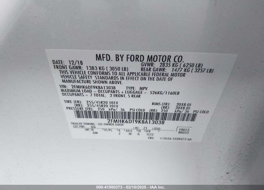 2019 FORD FLEX LIMITED VIN: 2FMHK6DT9KBA13038