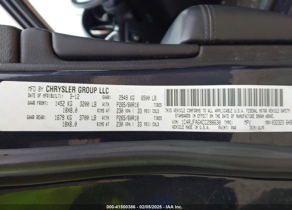 2012 JEEP GRAND CHEROKEE LAREDO VIN: 1C4RJFAGXCC298630
