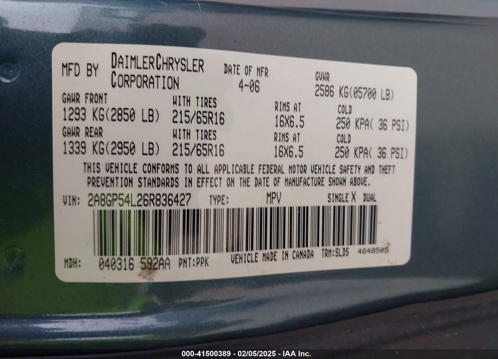 2006 CHRYSLER TOWN & COUNTRY TOURING VIN: 2A8GP54L26R836427