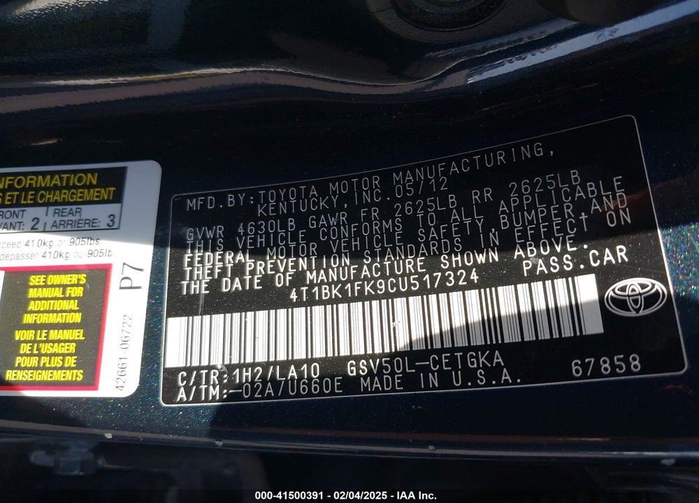2012 TOYOTA CAMRY XLE V6 VIN: 4T1BK1FK9CU517324