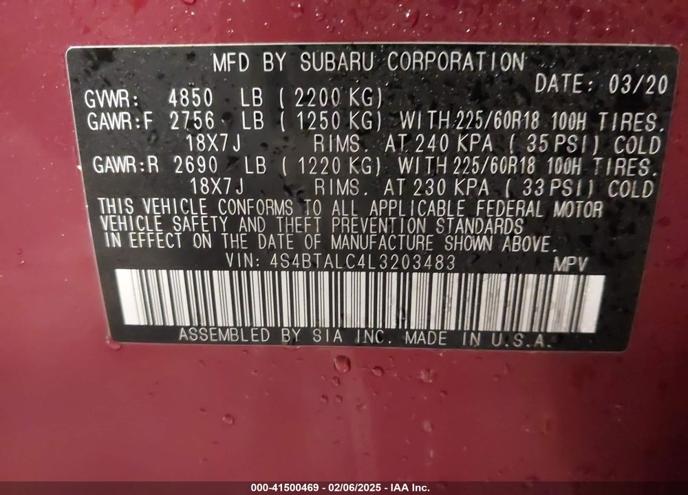 2020 SUBARU OUTBACK VIN: 4S4BTALC4L3203483