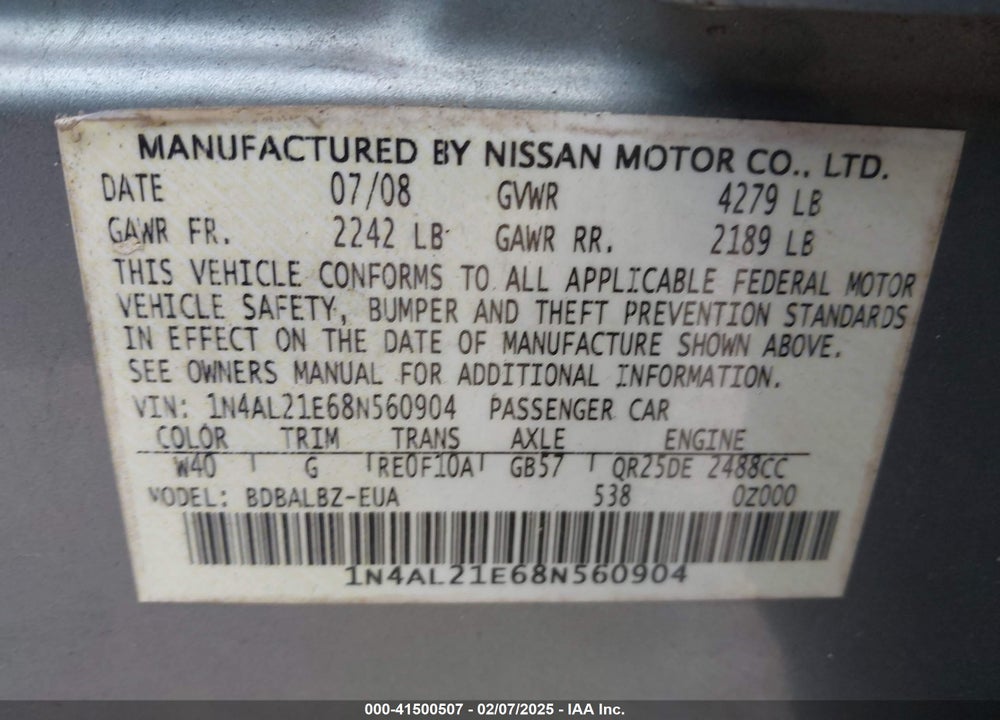 2008 NISSAN ALTIMA 2.5 S VIN: 1N4AL21E68N560904