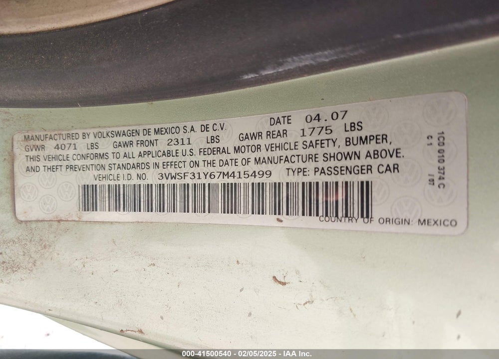 2007 VOLKSWAGEN NEW BEETLE VIN: 3VWSF31Y67M415499