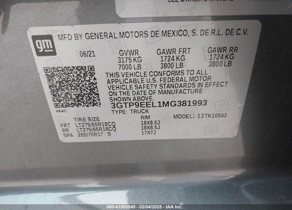 2021 GMC SIERRA 1500 VIN: 3GTP9EEL1MG381993