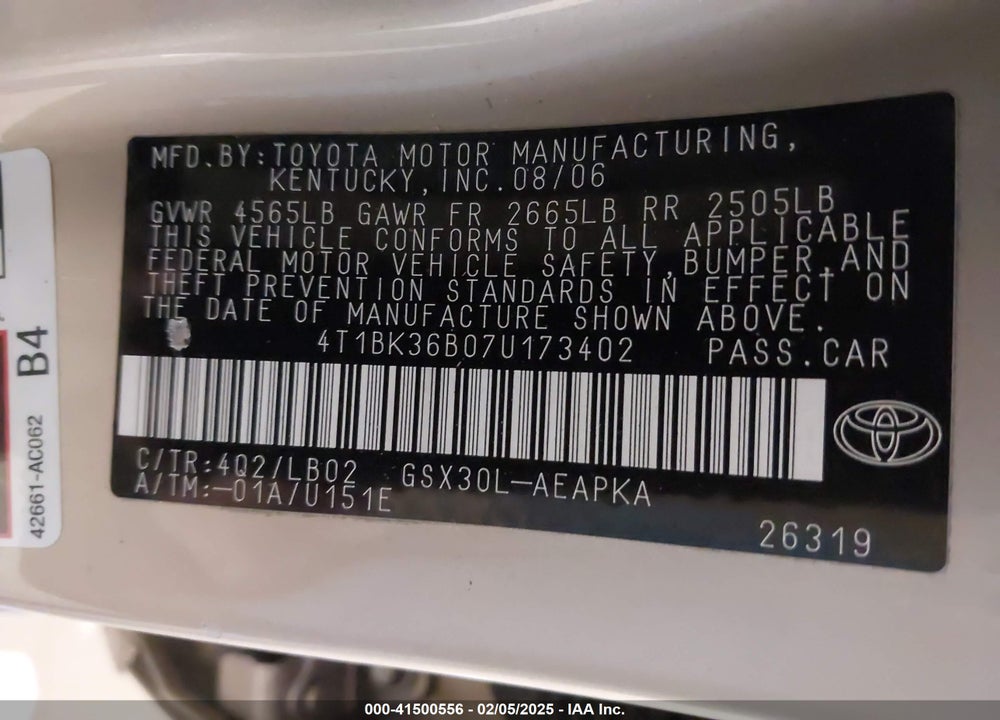 2007 TOYOTA AVALON LIMITED VIN: 4T1BK36B07U173402