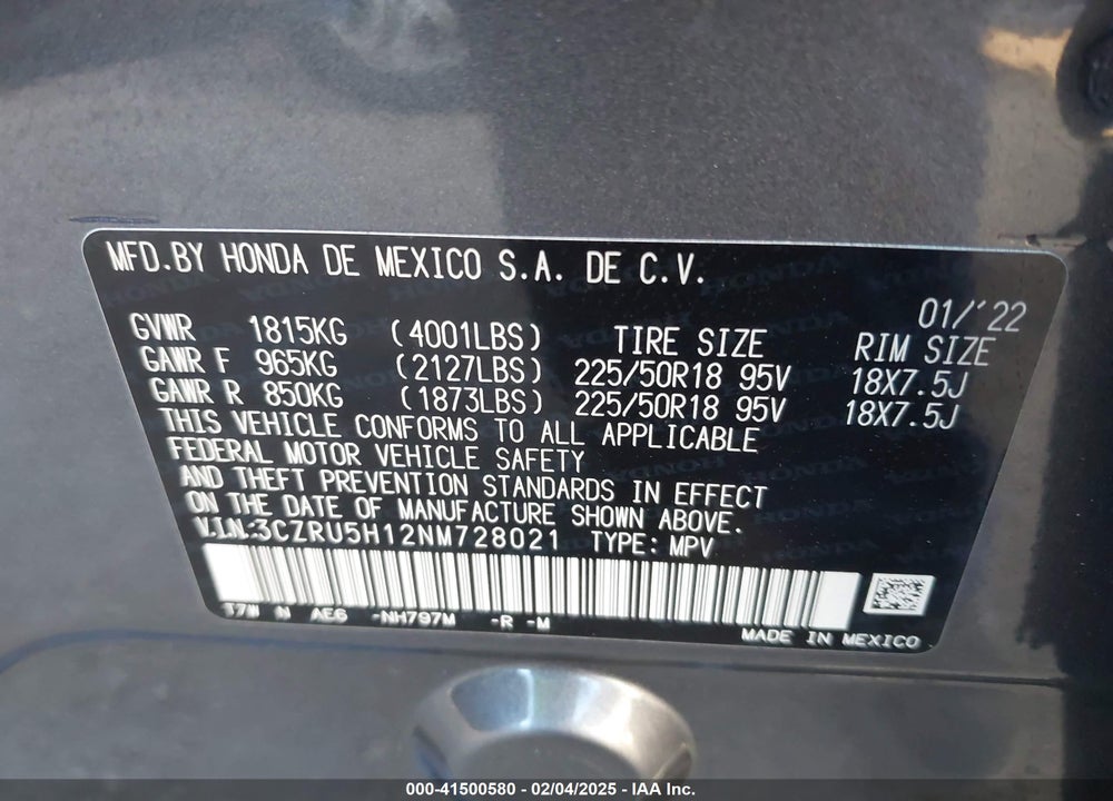2022 HONDA HR-V VIN: 3CZRU5H12NM728021