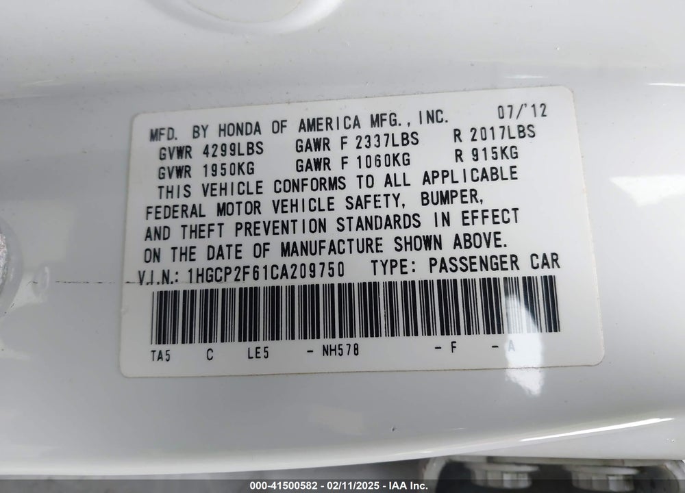 2012 HONDA ACCORD VIN: 1HGCP2F61CA209750