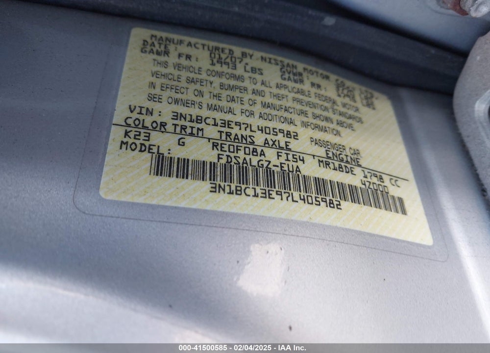 2007 NISSAN VERSA 1.8SL VIN: 3N1BC13E97L405982