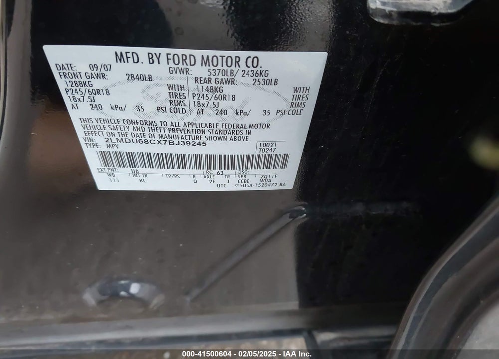 2007 LINCOLN MKX VIN: 2LMDU68CX7BJ39245