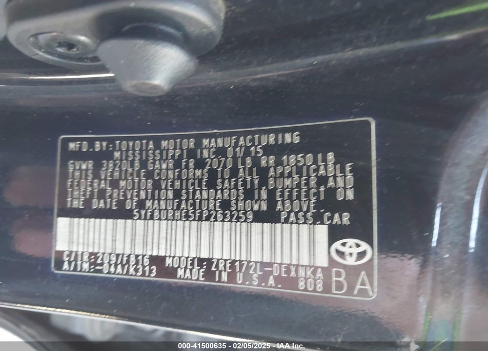 2015 TOYOTA COROLLA VIN: 5YFBURHE5FP263259