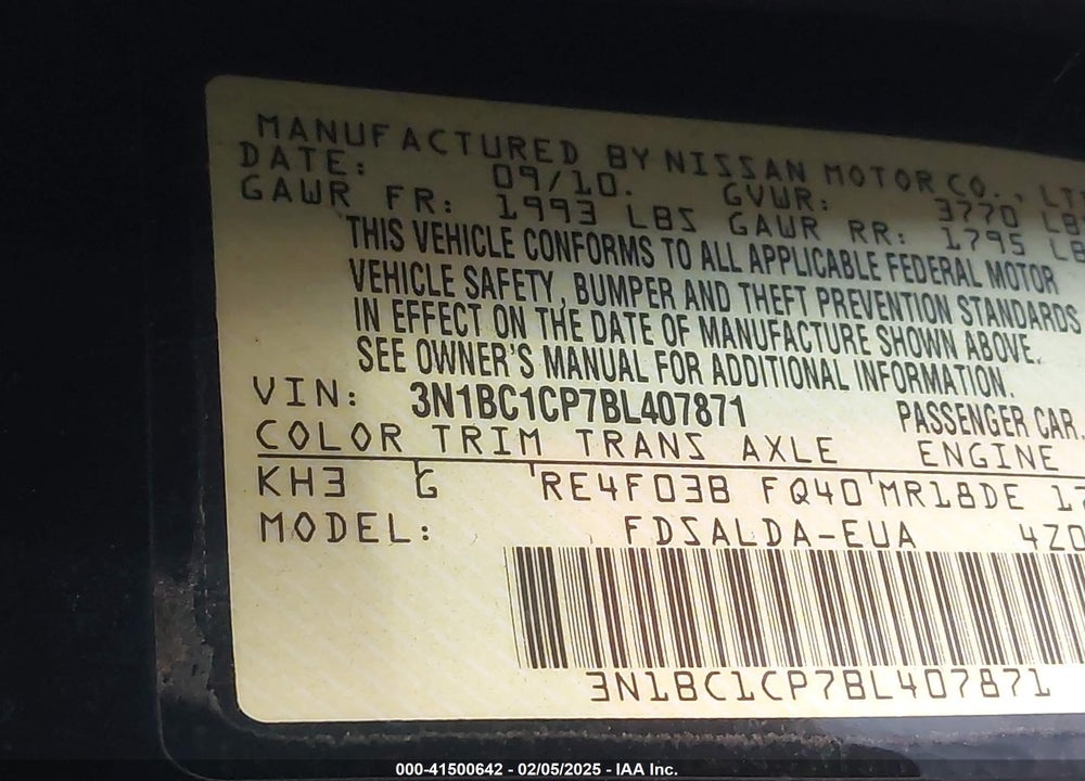 2011 NISSAN VERSA VIN: 3N1BC1CP7BL407871