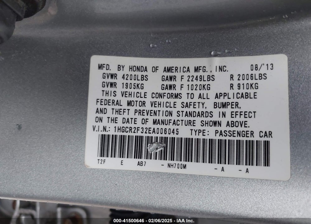 2014 HONDA ACCORD LX VIN: 1HGCR2F32EA006045