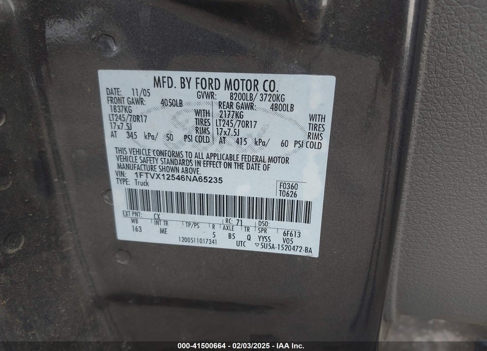 2006 FORD F-150 VIN: 1FTVX12546NA65235