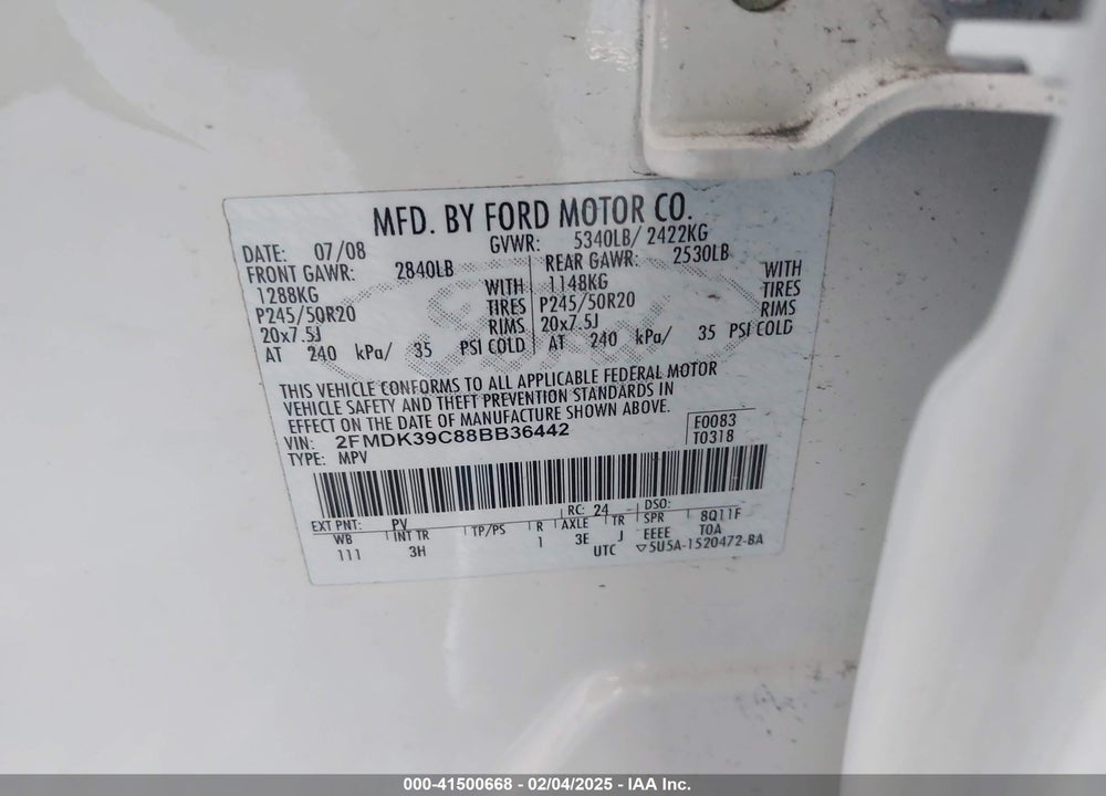 2008 FORD EDGE LIMITED VIN: 2FMDK39C88BB36442
