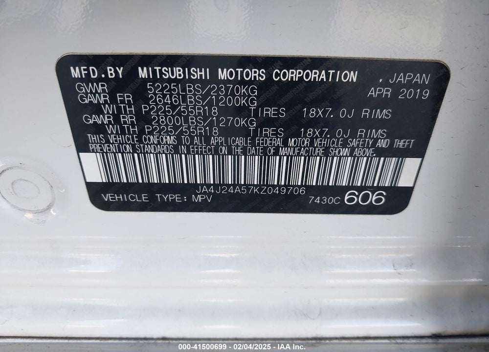 2019 MITSUBISHI OUTLANDER VIN: JA4J24A57KZ049706
