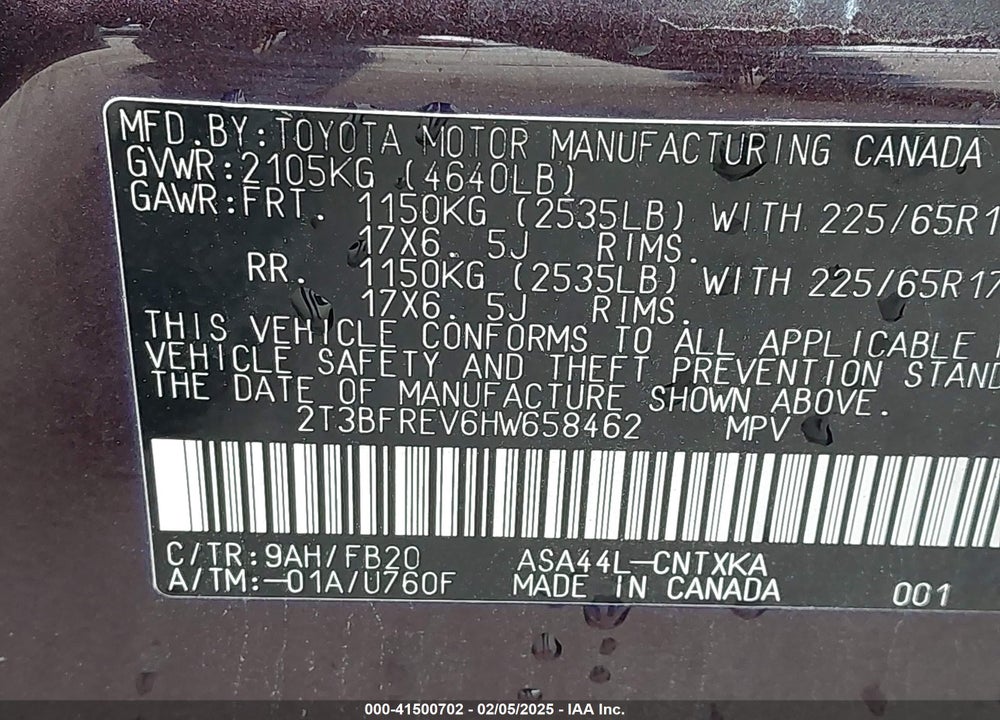 2017 TOYOTA RAV4 VIN: 2T3BFREV6HW658462