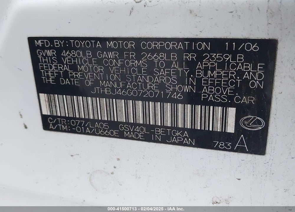 2007 LEXUS ES VIN: JTHBJ46G072071746