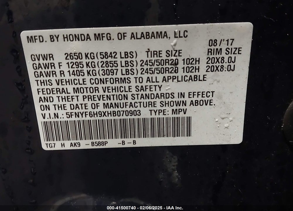 2017 HONDA PILOT TOURING VIN: 5FNYF6H9XHB070903