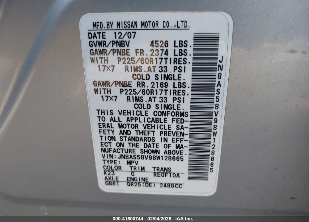 2008 NISSAN ROGUE VIN: JN8AS58V98W128665