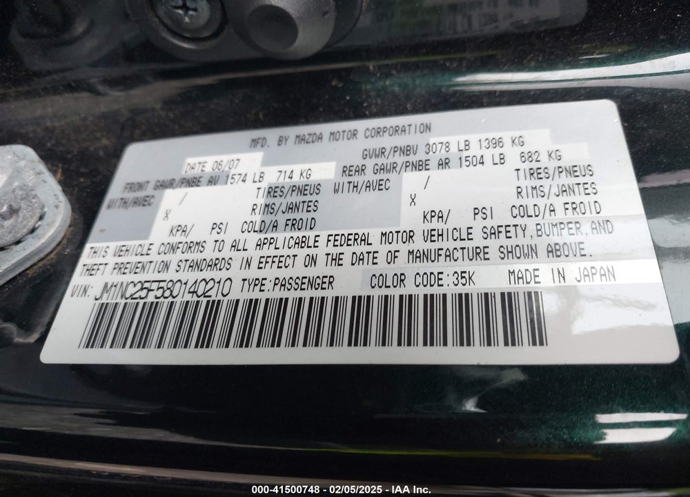 2008 MAZDA MX-5 SPORT VIN: JM1NC25F580140210