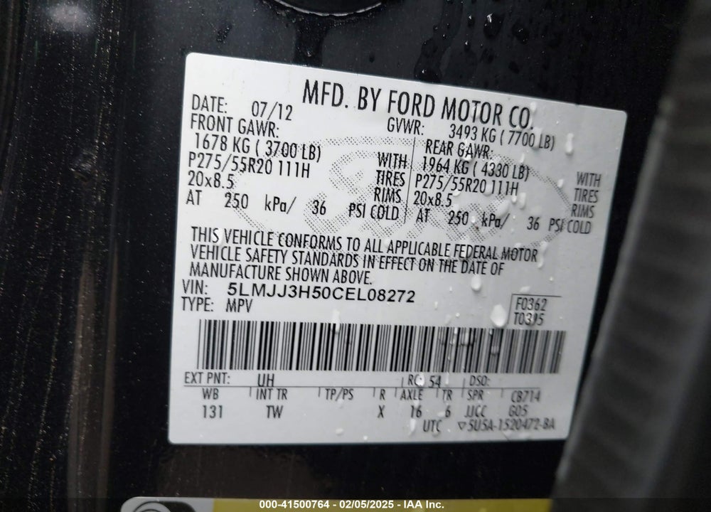 2012 LINCOLN NAVIGATOR L VIN: 5LMJJ3H50CEL08272