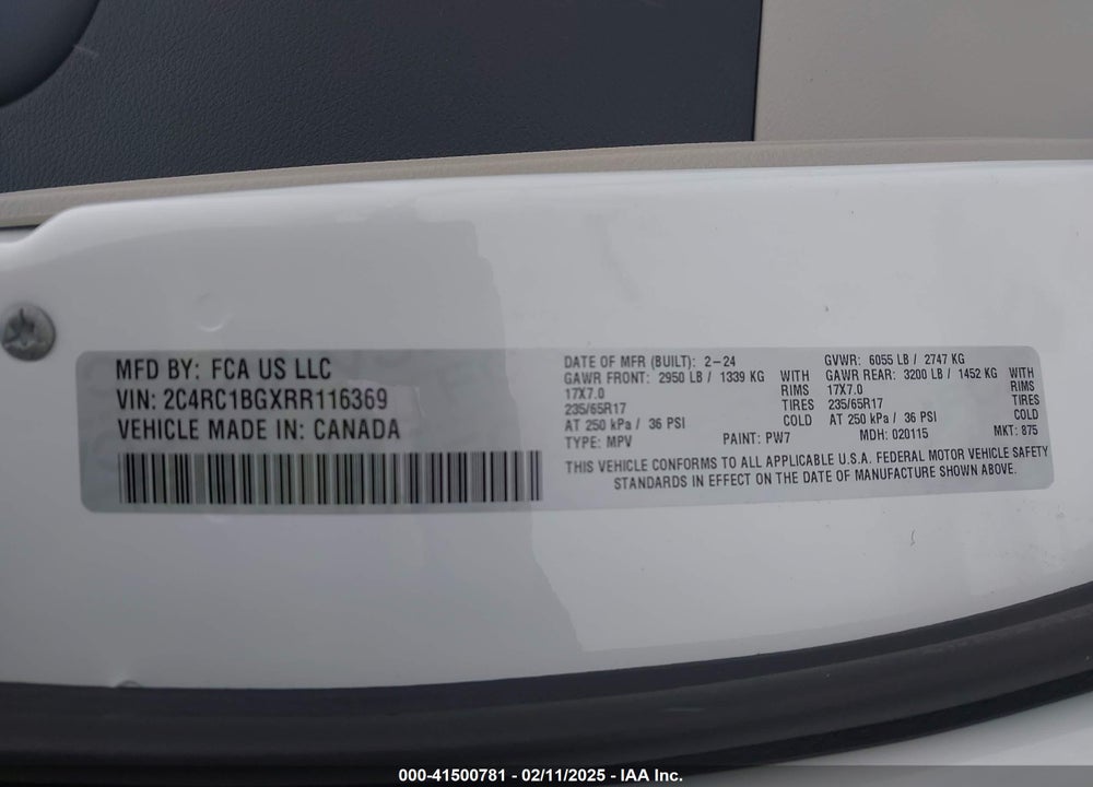 2024 CHRYSLER PACIFICA TOURING L VIN: 2C4RC1BGXRR116369