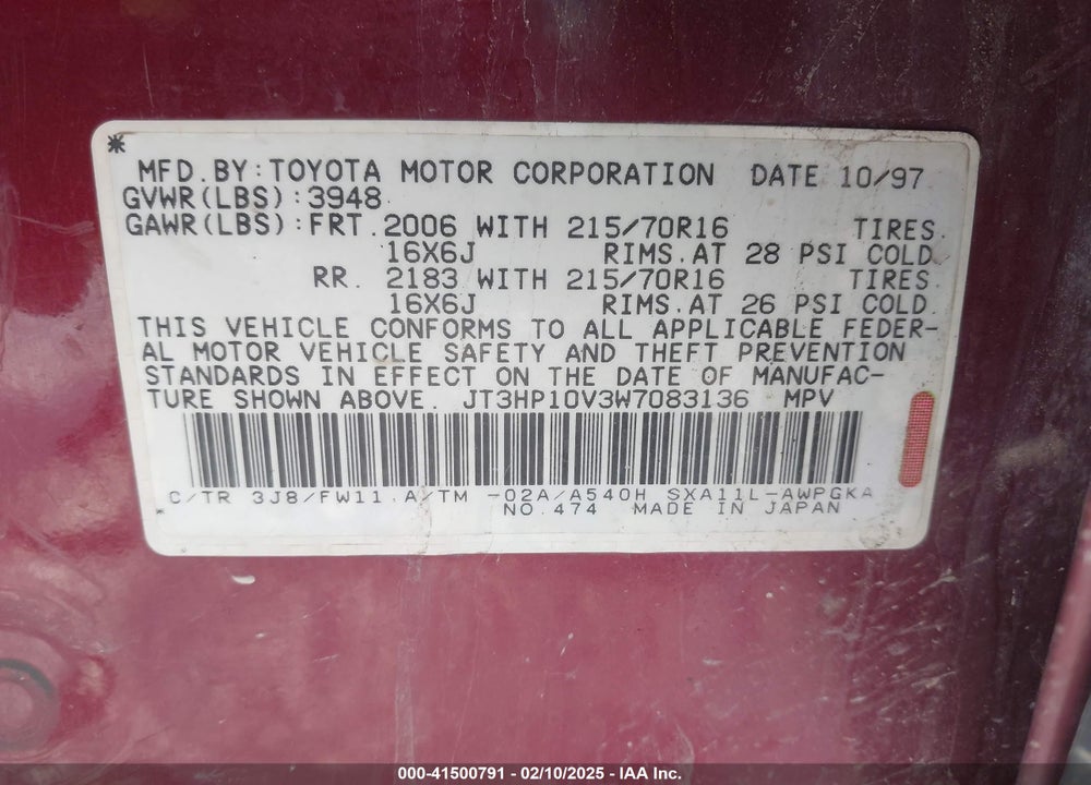 1998 TOYOTA RAV4 VIN: JT3HP10V3W7083136