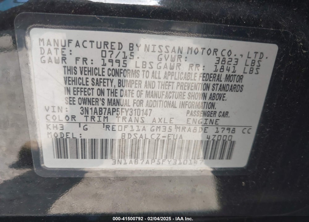 2015 NISSAN SENTRA S VIN: 3N1AB7AP5FY310147