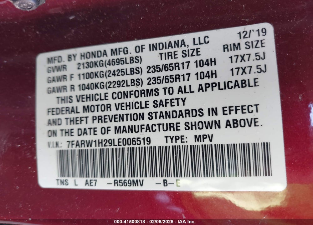 2020 HONDA CR-V VIN: 7FARW1H29LE006519