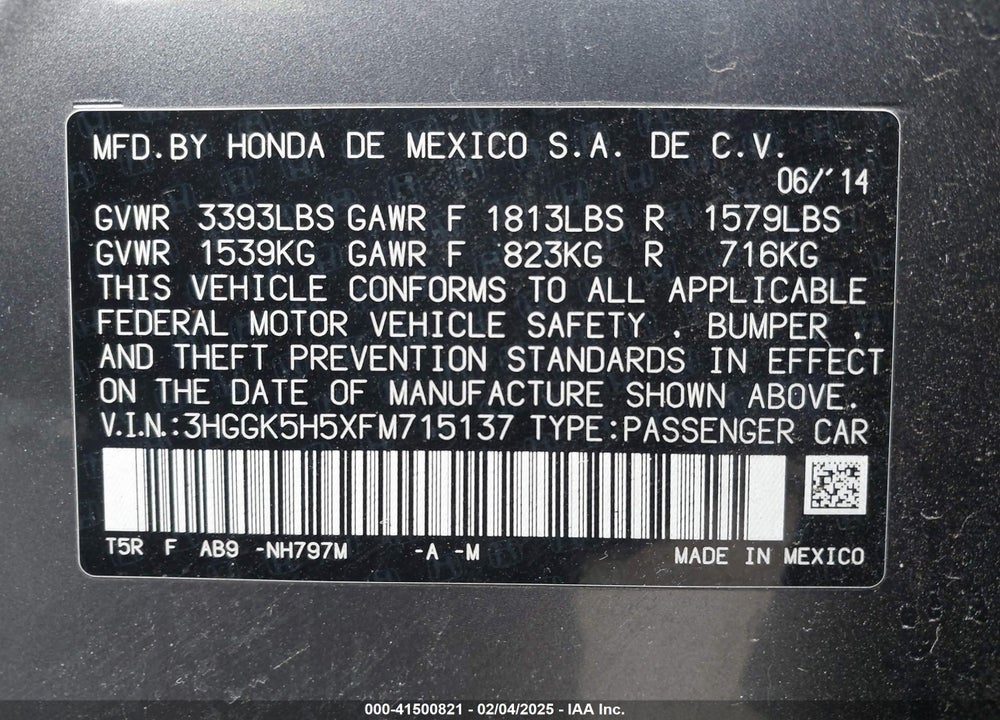 2015 HONDA FIT VIN: 3HGGK5H5XFM715137