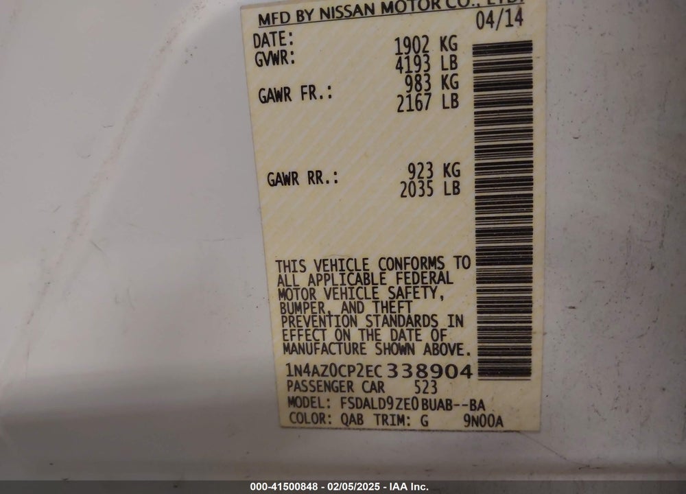 2014 NISSAN LEAF VIN: 1N4AZ0CP2EC338904