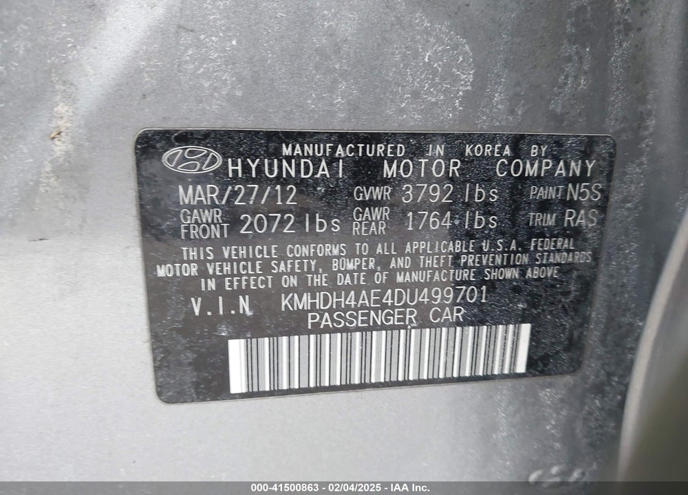 2013 HYUNDAI ELANTRA VIN: KMHDH4AE4DU499701