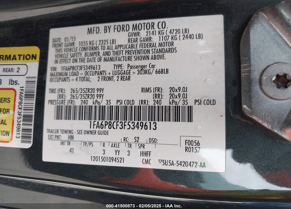 2015 FORD MUSTANG VIN: 1FA6P8CF3F5349613