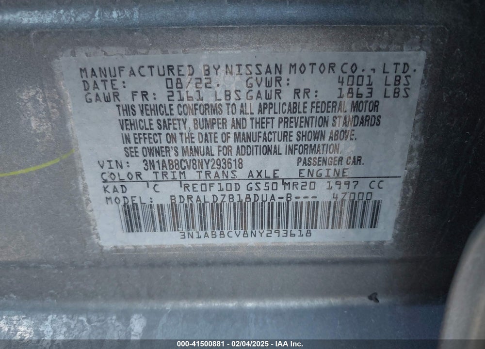 2022 NISSAN SENTRA VIN: 3N1AB8CV8NY293618