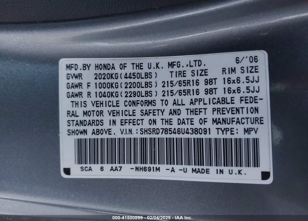 2006 HONDA CR-V LX VIN: SHSRD78546U438091