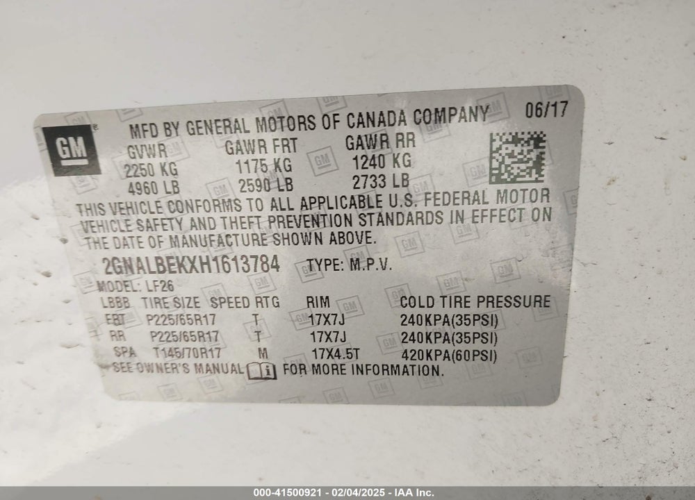 2017 CHEVROLET EQUINOX LS VIN: 2GNALBEKXH1613784