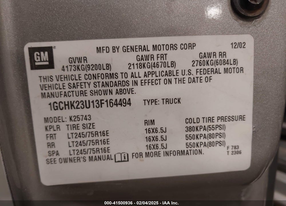 2003 CHEVROLET SILVERADO 2500HD LS VIN: 1GCHK23U13F164494