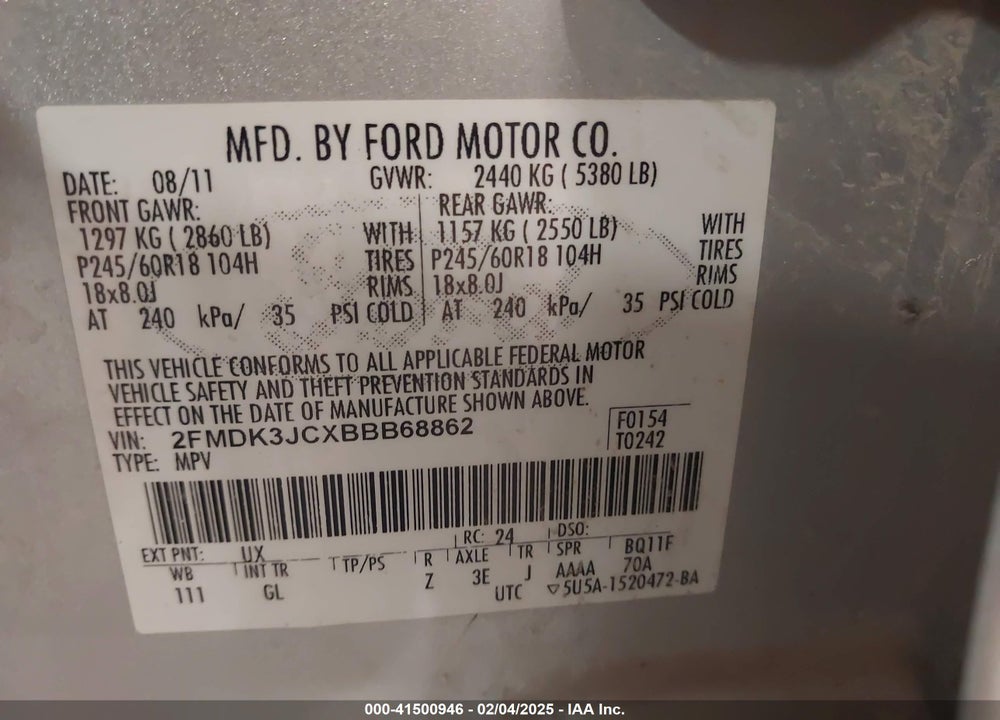2011 FORD EDGE SEL VIN: 2FMDK3JCXBBB68862