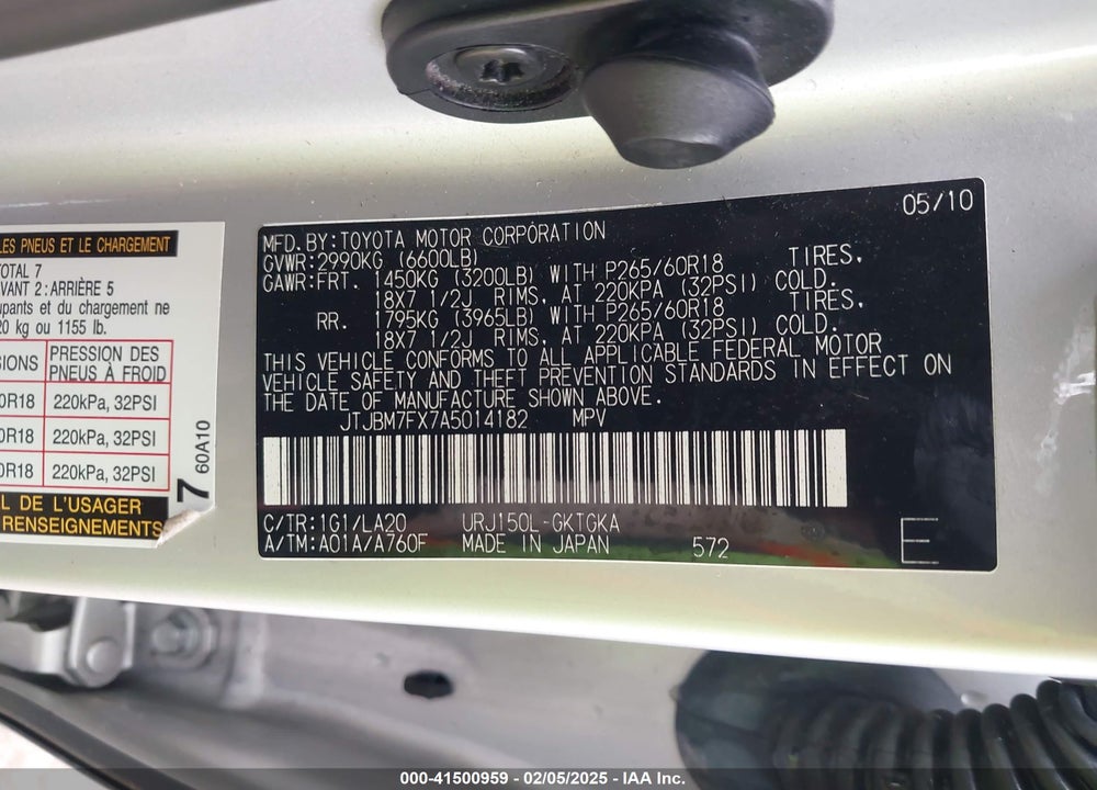 2010 LEXUS GX 460 VIN: JTJBM7FX7A5014182