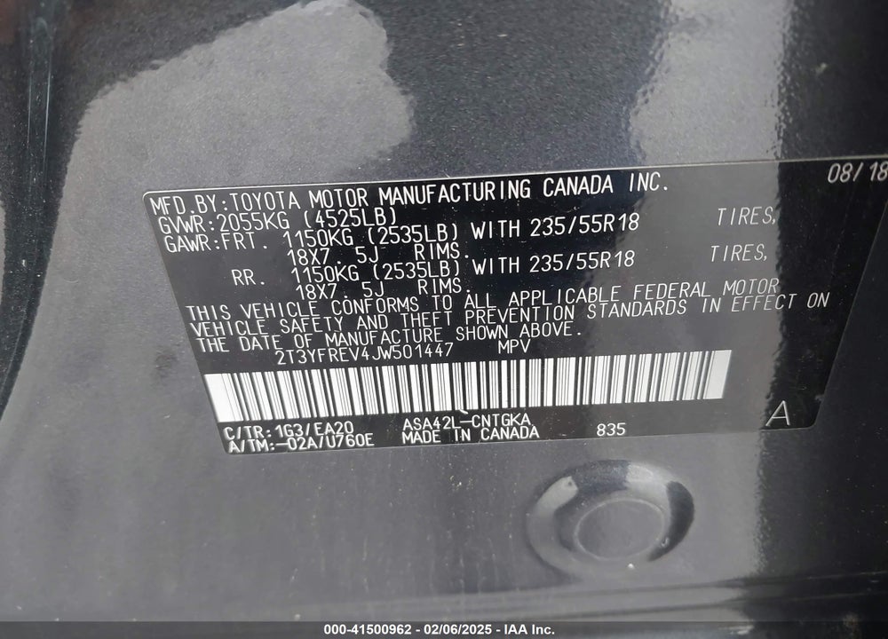 2018 TOYOTA RAV4 LIMITED/PLATINUM VIN: 2T3YFREV4JW501447