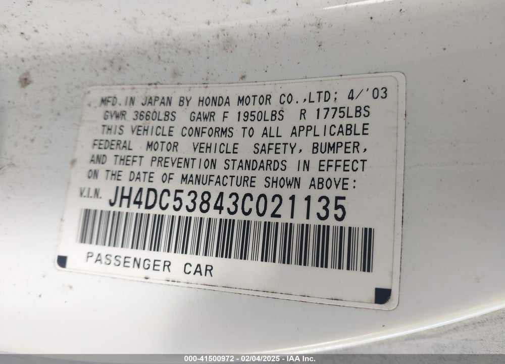 2003 ACURA RSX VIN: JH4DC53843C021135