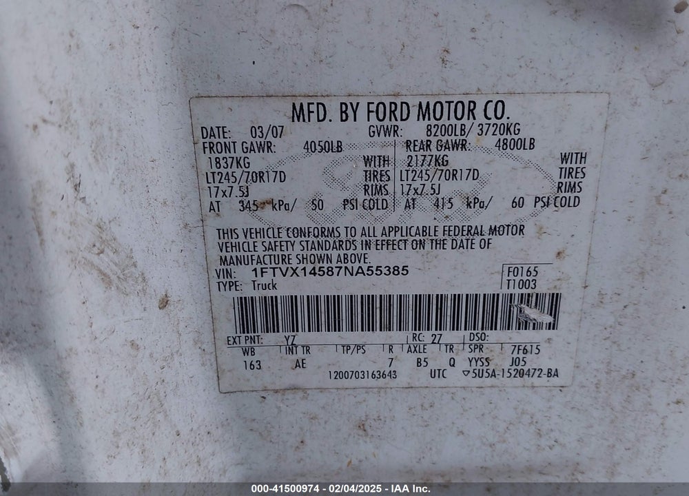 2007 FORD F150 VIN: 1FTVX14587NA55385