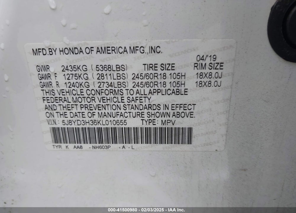 2019 ACURA MDX STANDARD VIN: 5J8YD3H36KL010655
