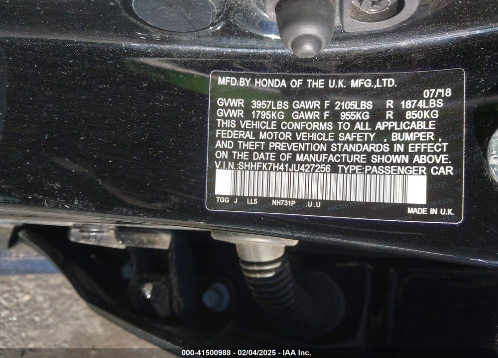 2018 HONDA CIVIC VIN: SHHFK7H41JU427256