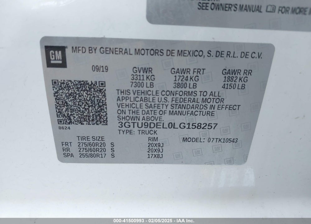 2020 GMC SIERRA 1500 VIN: 3GTU9DEL0LG158257